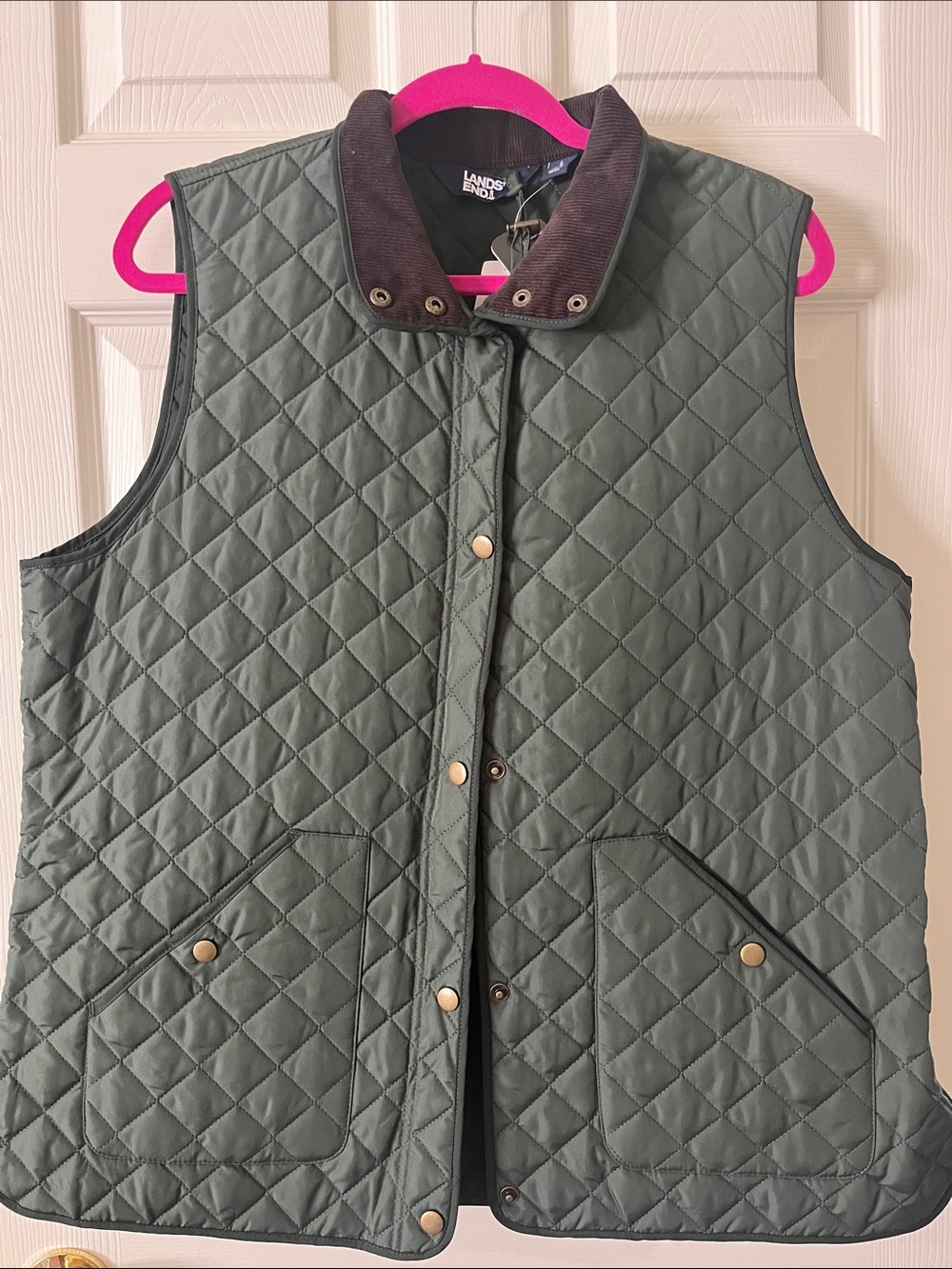 Lands' End Quilted Vest in Hunter Green with Brown Corduroy Collar.